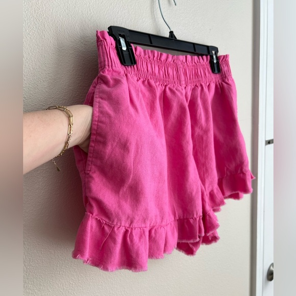 Aerie High Waisted Ruffle Linen Lyocell Pink Shorts - Size L Large - Picture 2 of 6